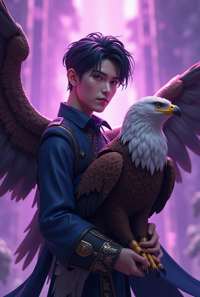 Digital manhwa 3d of (heeseung) with a Flat face and thick eyebrows, holding an eagle with an epic purple background