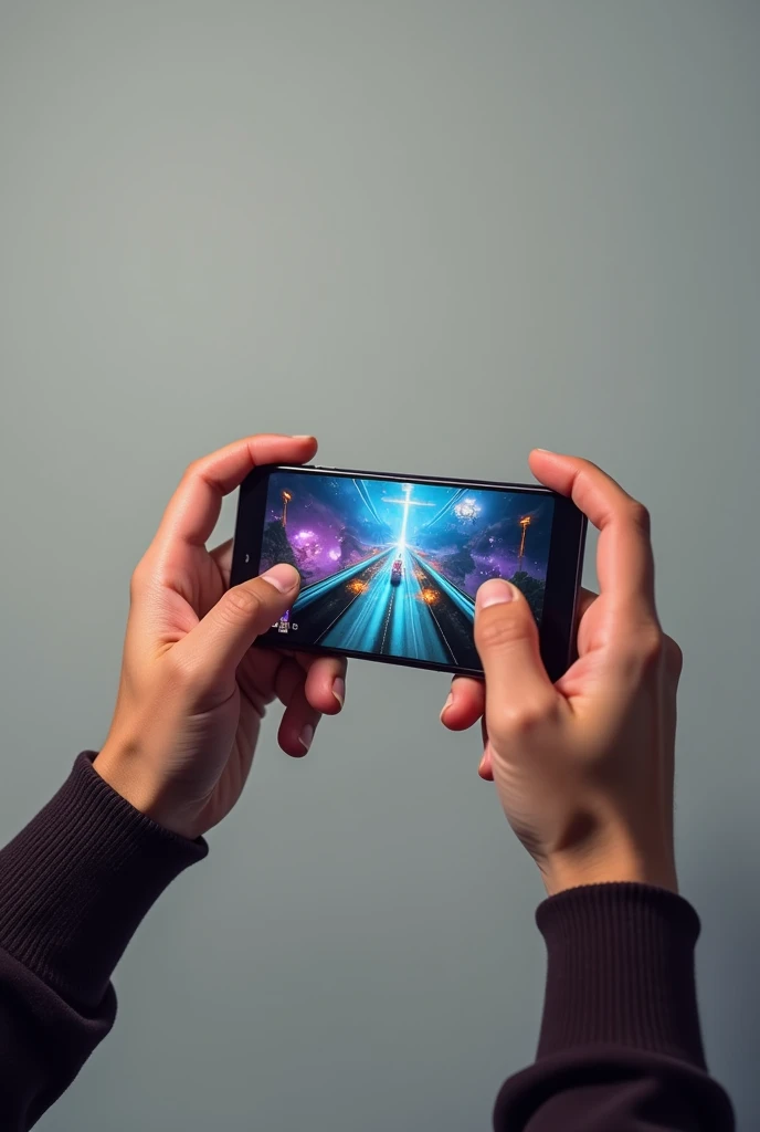 Two hands holding a smart phone, image ratio 16:9, landscape. Playing game.