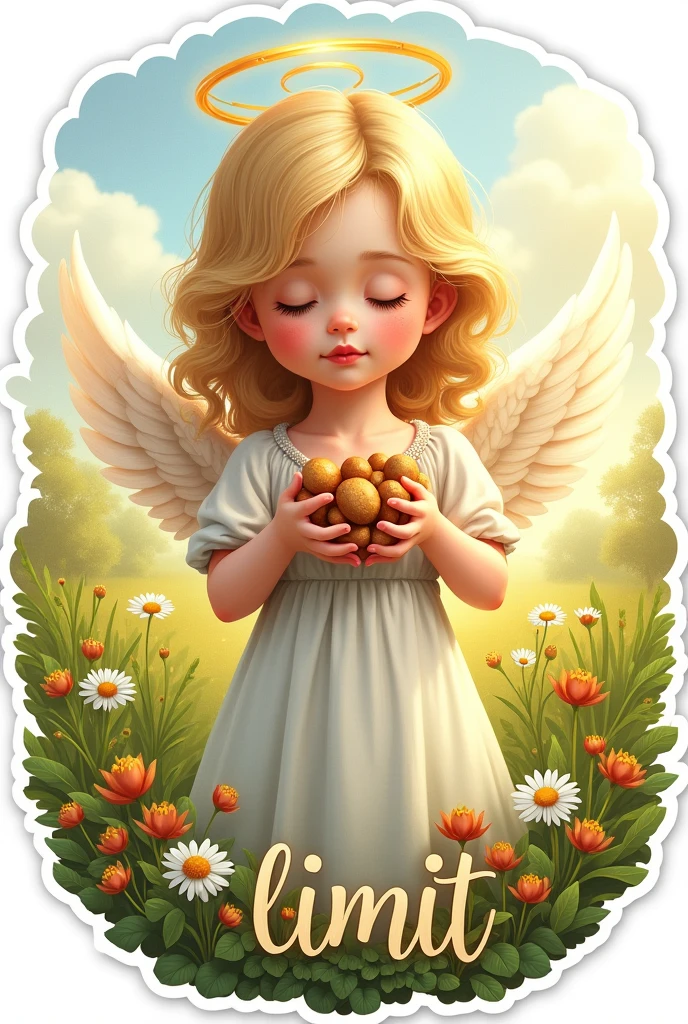Drawn angel, girl child- sticker, holds nuts, nimbus, blonde hair, grass, flowers , summer, holiday. word "limit" it is written in beautiful font at the bottom of the sticker, in Cyrillic