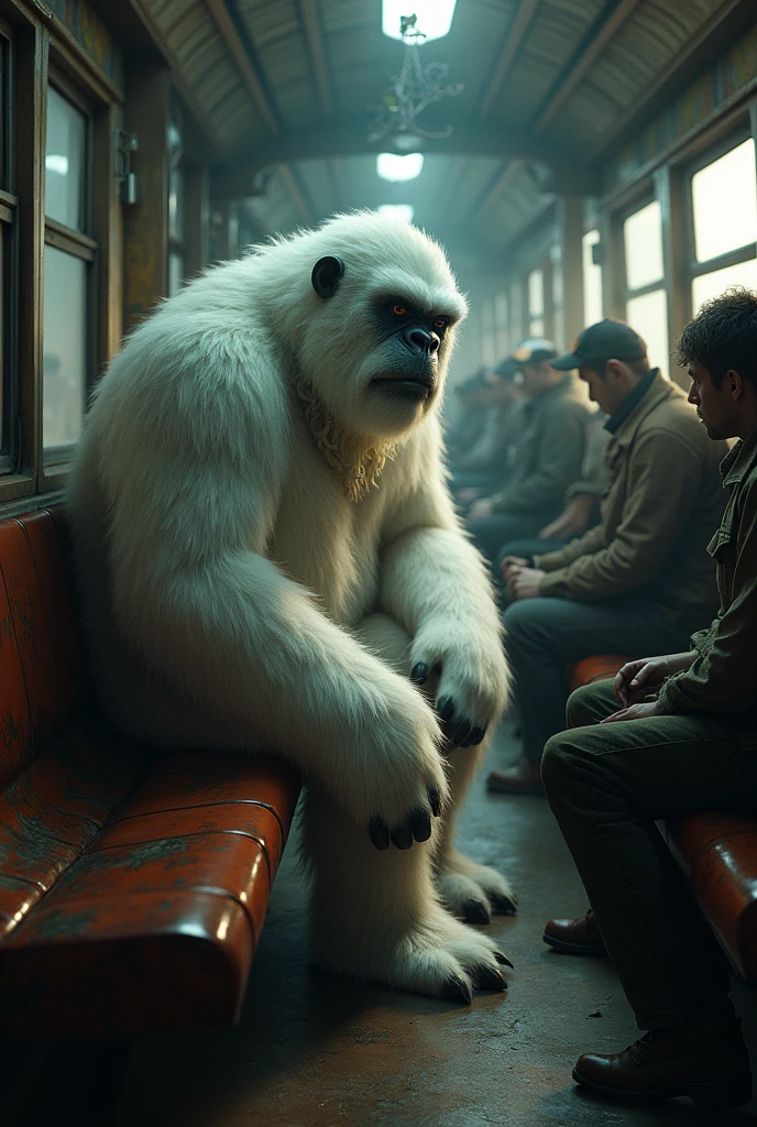 Make a sad yeti, sitting in train, with other workers back home