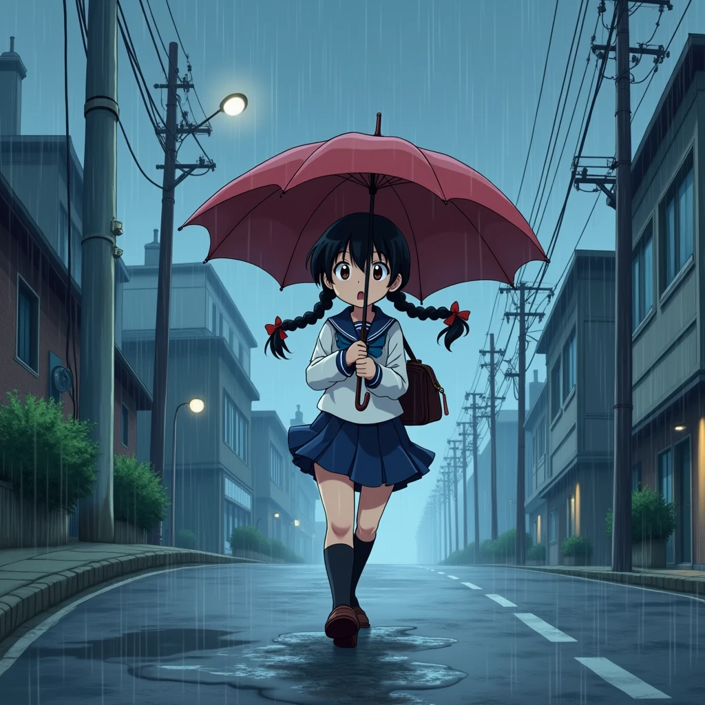 Anime Style, A girl walking down a hill, Walking on the edge of the road, Holding an umbrella, Surprised expression, Be confused,
Steep Slope, Slope, Slope 45 degrees, very sloped road, very sloping ground,
The girl is wearing a white sailor suit with short sleeves and a navy collar, with a blue ribbon., Wearing a navy blue skirt, 
Wearing black high socks, Wearing loafers.
Her hair is very long and black, with low twin tails and red ribbons..
Not high pigtails, Not half-up,
Open red umbrella, Dark brown school bag,
Late s, Small breasts, Has dark brown eyes.
puddle, Sidewalk, pavement, Japan roads, Town, building, Apartment, Electric pole, electric wire, Town灯, Townの景色,
Very heavy rain, fog, Outdoor, evening, from front.