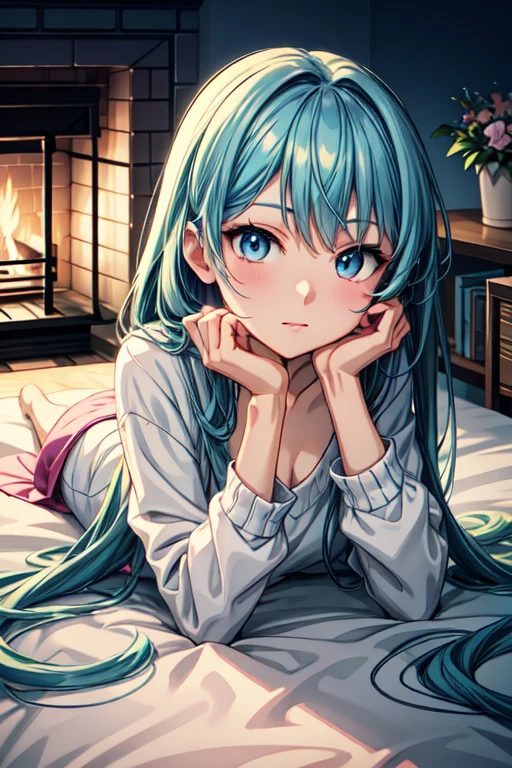 Anime girl with long blue hair and colorful eyes lying down on a bed, Shy girl, Girl with blue hair, 1K anime style, anime art wallpaper 2k, anime art wallpaper 2k, anime art wallpaper 2k, beautiful animated portrait, beautiful anime girl, 2k anime wallpaper, anime girl portrait, beautiful anime woman, cozy fireplace with cozy clothing.