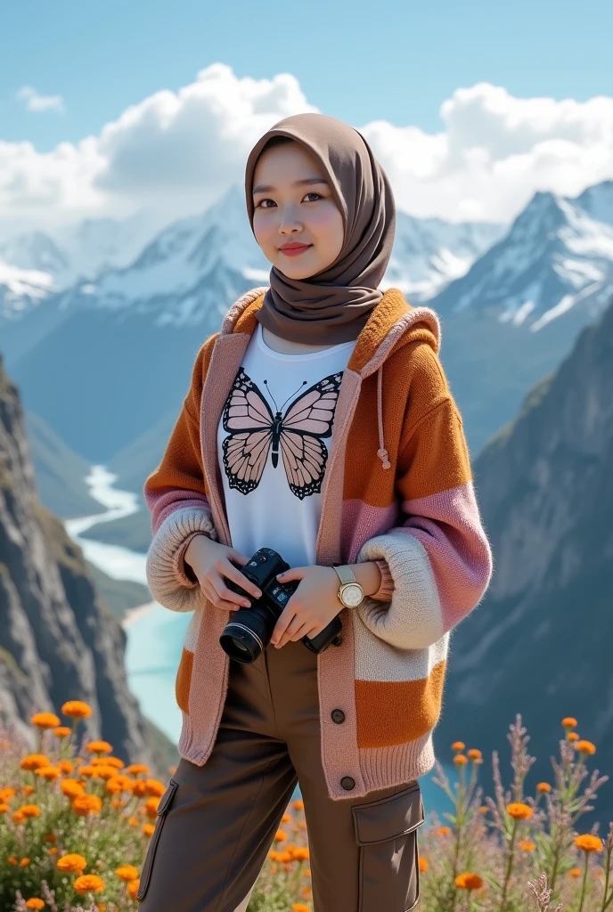 Beautiful Korean girl with smooth white skin, well-groomed face, thin smile, brown hijab, knitted hoodie ((orange, pink, white so it's one color)) white t-shirt decorated with a big butterfly motif)) brown cargo pants, cool watch. Posing standing on a very high mountain peak, under a clear sky, while carrying a camera, with very beautiful detailed views, the background is visible from above, the river flows fast from the waterfall..., a remote mountain,)(there are clouds beautiful), snow-covered cliffs) and beautiful flowers, original, realistic photos