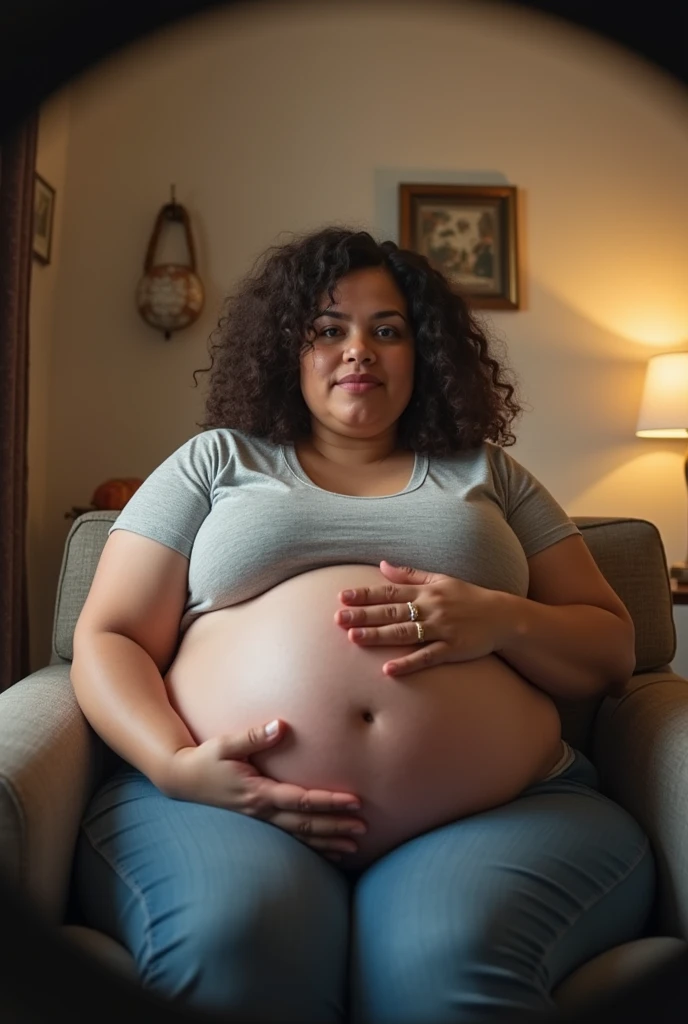 Pov you want to hug and stroke the belly of your plus size stepmother who is very pregnant as she sits on the chair at home. fisheye camera view, iphone camera style. HD, realface, cinematic