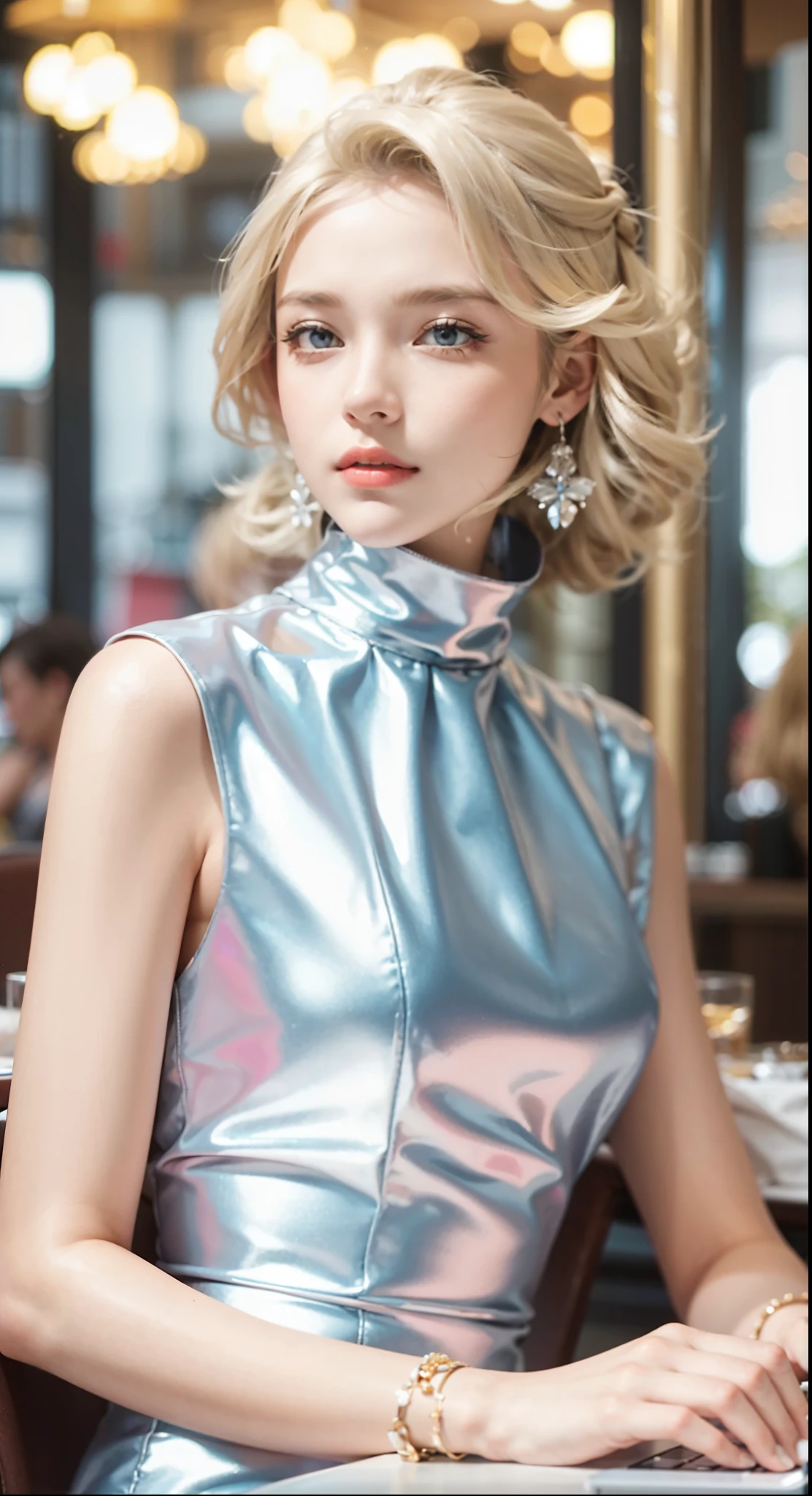 A woman in a silver dress、sitting at a table with a laptop, Blonde girl in space dress, Elena Belova, Julia Razumova&#39;s style, Anna Nikonova、Also known as New Milky, Irina Nordsol-Kuzmina, Shining silver, Wearing a silver dress, Anastasia Ovchinnikova, Pearly skin, Julia Gorokhova