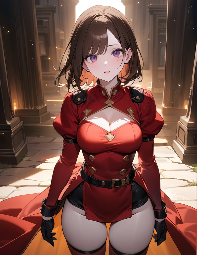 (One Woman),(Best image quality, 32K, masterpiece:1.3),((Brown medium hair:1.1)),(Swept-apart bangs,), (Cute eyes, Dark Eyes), (Detailed eyes),(Mole under right eye), (Standard weight), (Glowing Skin:1.1),(Pale skin:1.2),(A fantastic atmosphere),(look up),Ultra-high resolution, Textured skin, Sparkle Effect, whole body,absolute thigh area,Red Mage,Panty shot,
Red Musketeer Outfit,Red Musketeer's White Feathered Hat,Have a rapier,Produces magical lightning from hands,magic circle,Red Cape,Black scarf,Red, luxurious long boots,Black Mini Skirt,Red luxurious long gloves,Leg belt,Leg Ring,Rapier sheath,Black panties,Wearing Lightning,Lightning aura,
Slanted Eyes,
Ancient temple,