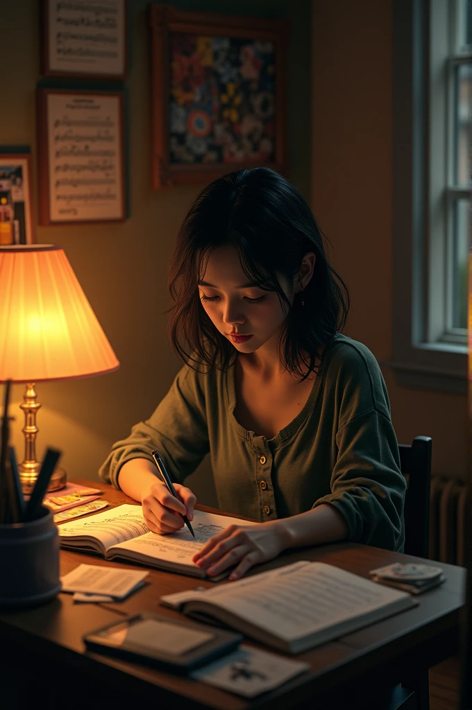 Maya composing music in her small, warmly lit apartment, surrounded by sheet music, her face reflecting deep concentration and hidden sorrow.