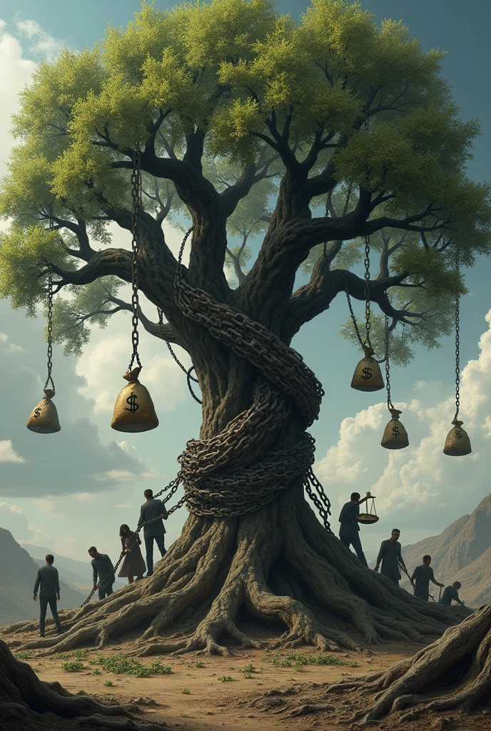 Create an ominous, gnarled tree in the center of the image to symbolize corruption. The tree has twisted branches and visible roots that spread out across the ground. Hanging from the branches are several bags of money, each marked with a currency symbol, representing stolen wealth. At the base of the tree, near the roots, show a tipped-over scale of justice to signify how corruption has disrupted fairness and law. Wrapped around the tree’s trunk is a heavy chain, with people at the base trying to break free from it, symbolizing how corruption traps and limits ordinary citizens. Finally, depict withered leaves falling from the branches, some scattered on the ground, to indicate the decay and harm caused by corruption.