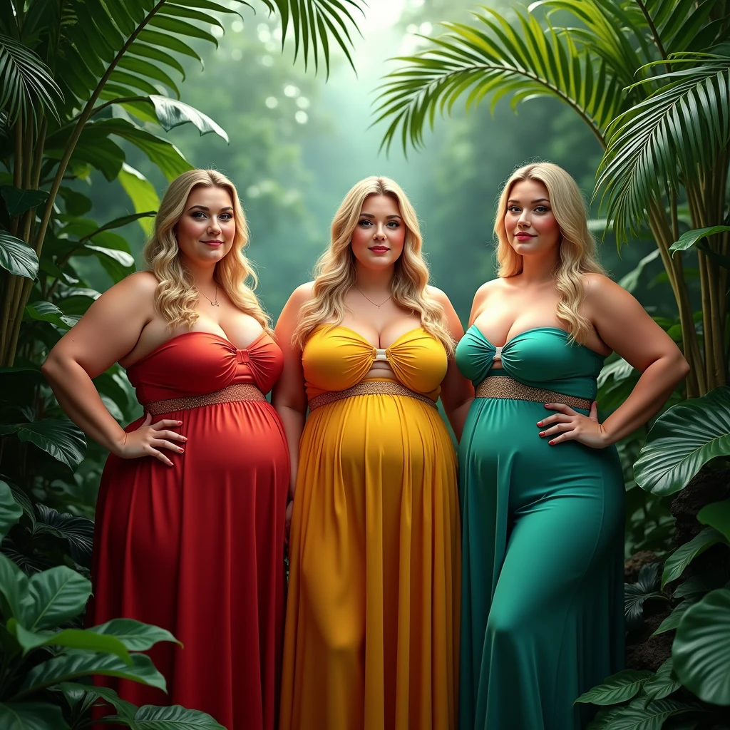 Three plus size model women weigh 150kg with lots of fat on belly and buttocks, they gained weight by eating too much, they are blonde haired obese women with very big belly and buttocks, they are plus size models and their whole body is covered with a lot of fat, they are doing a photoshoot in the jungle wearing gorgeous colorful dresses for the promotion of a luxury clothing brand, 4K quality