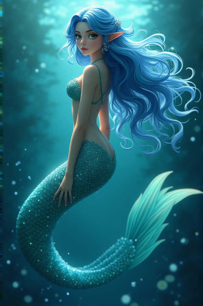 **name**: Iris

**age**: 25 years (Equivalent to human youth)

**height**: 1.75 meters (Height from hip to head) and the tail is about 5 meters long
**หน้าeye**: 
- **hair**: มีhairยาวถึงกลางหลัง สีฟ้าสว่างเป็นประกาย เหมือนสีของทะเลในวันที่แดดออก ซึ่งมักจะเป็นลอนใหญ่และมีประกายคล้ายกับแสงที่สะท้อนจากน้ำ
- **eye**: eyeสีเขียวมรกตสว่าง มีประกายแวววาวคล้ายกับน้ำทะเลในวันที่อากาศดี
- **skin**: skinสีฟ้าสว่างมีประกายเล็กน้อยคล้ายกับน้ำทะเลใส มีลวดลายของเกล็ดคล้ายปีกผีเสื้อที่พาดไปeyeมลำตัว
- **Other characteristics**: It has a shiny blue-green fish tail that can emit light, and a pattern of shiny scales all over its tail.

**personality**: Irisเป็นคนที่มีความฉลาดและละเอียดลออ เธอมีความอยากรู้อยากเห็นและมักจะตั้งใจทำงานเพื่อค้นหาความรู้ใหม่ๆ มักจะมีความมุ่งมั่นสูงและเป็นผู้นำที่ใส่ใจในรายละเอียด เธอเป็นคนที่ใส่ใจในความรู้สึกของผู้อื่นและมักจะเข้าใจความรู้สึกของสัตว์ทะเลที่เธอสื่อสารด้วย