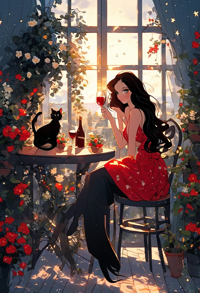 beautiful woman, (((full body))), ((background outdoor house)), (best quality), 1girl, solo A room with glass windows, curtains, a young woman with long black hair, red hair , White eyes with red pupils stare at sky, sitting on a chair, She is sitting and drink wild in front of the house., There are flowers, flower pots, a table, a wine glass, a wine bottle, a lamp, a black cat, Outside the window, there is a dark sky and stars.