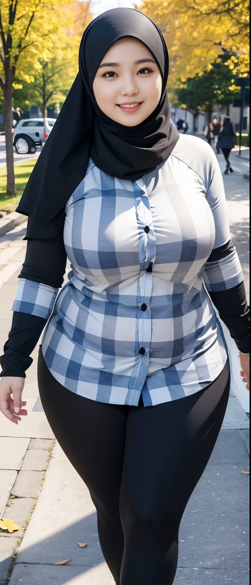 the best masterpiece, chubby hijab woman, beautiful Asian face, full breasts, wearing a checkered shirt, wearing sport leggings, walking in the city park, smiling sweetly, facial details, body details, ultra detailed, realistic quality, fullbody