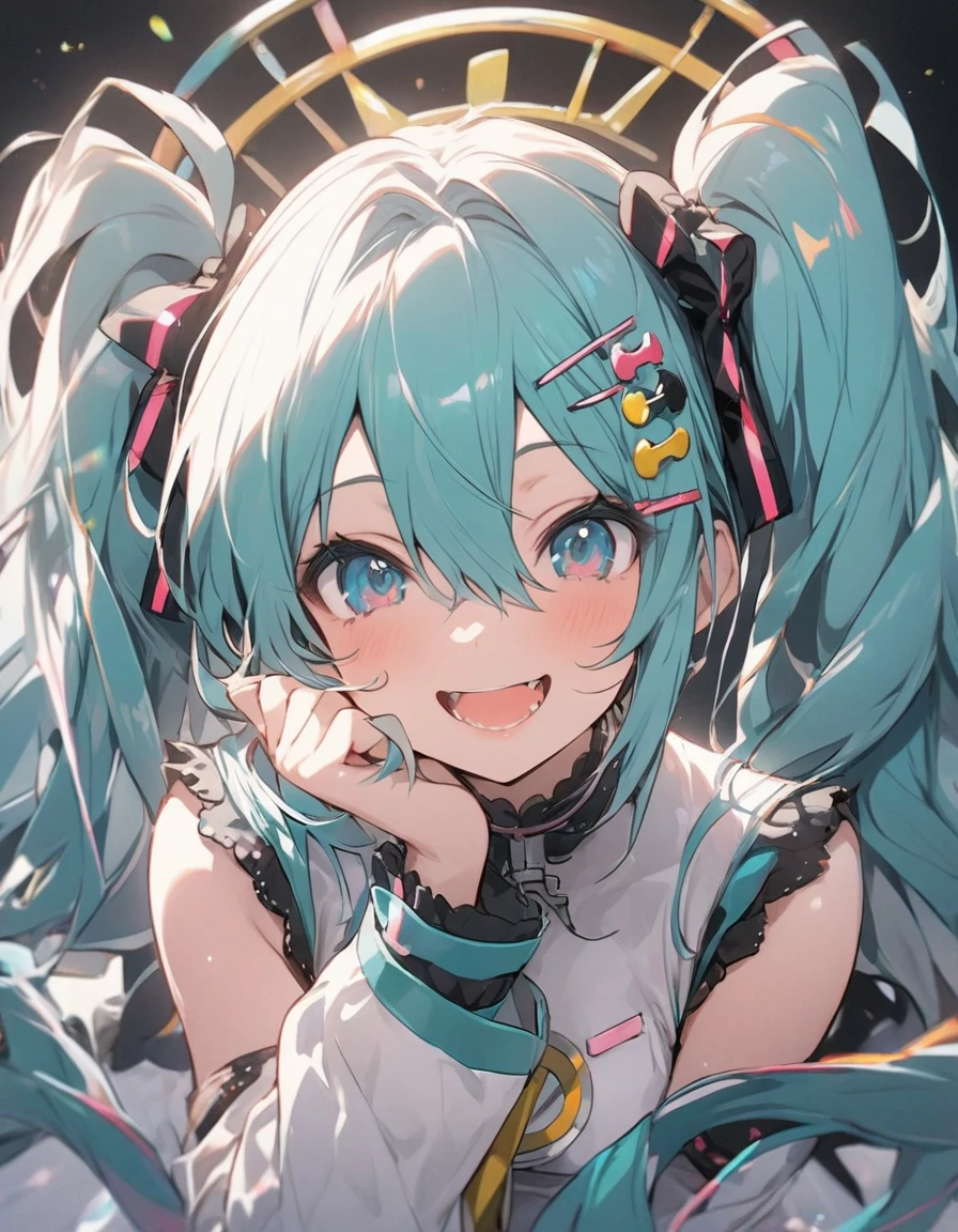 masterpiece、hatsune miku、Twin tails、 Musical note shaped hair accessory、 Dharma、smile、Focus on the face, ((Background of the score))