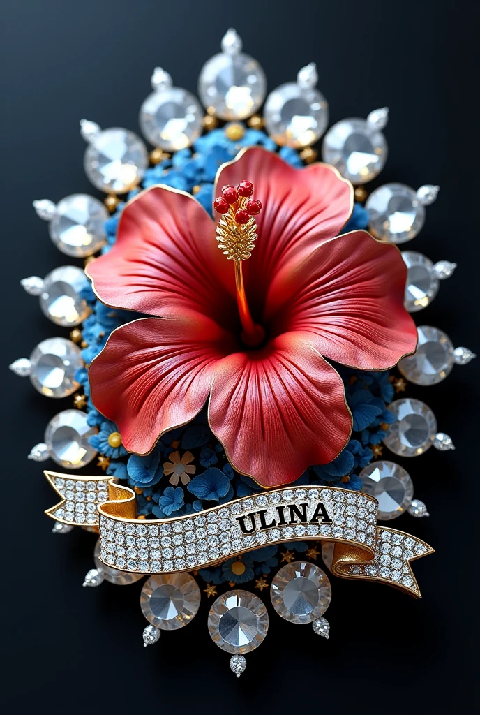 Brooch hibiscus with malaysia flag as the pattern in diamond and ZULIANA inside ribbon under it