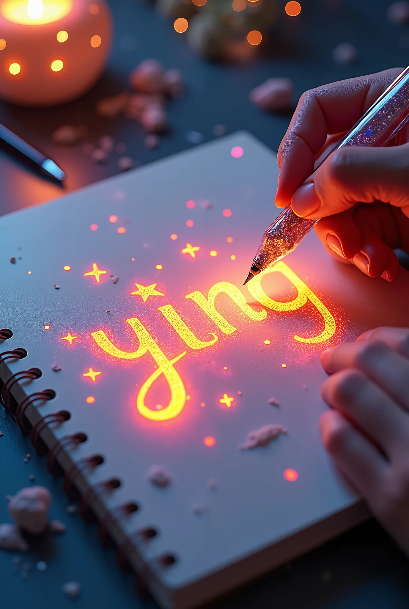 Fascinating, hyper-realistic 16K 3D illustration captures a magical moment of pure creativity. An artist is skillfully depicting a message, "ying", In the notebook. The text is composed of Energetic, The color of the sepia star smoothly transitions across the spectrum. Artist&#39;s Hand, Holding a transparent pen filled with bright stars, Exquisite details, Symbolizes unlimited creativity and imagination. The background is a 3D sketchbook setting，Scattered throughout, For this charming, gameffiti-inspired scene. The illustration radiates energy, move, and Energetic colors, Making it a true work of art that celebrates creativity and imagination., game, Movie, Energetic, gameffiti, , typogamephy, product, illustration, photo, 3D Rendering, Fashion, Dark Fantasy