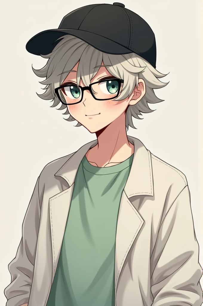 Anime boy, wear cap black, wearing T shirt light green, wear white jacket, hair is wavy and fluffy, wear glasses, wear square rimmed glasses 