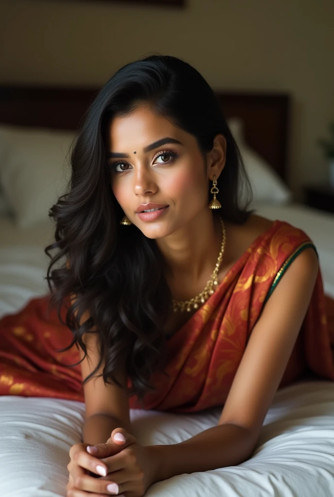 indian beautiful girl, saree, ,utra detail face,(Best quality, 8k, 32k, perfect body,lie on bed,sexy brest