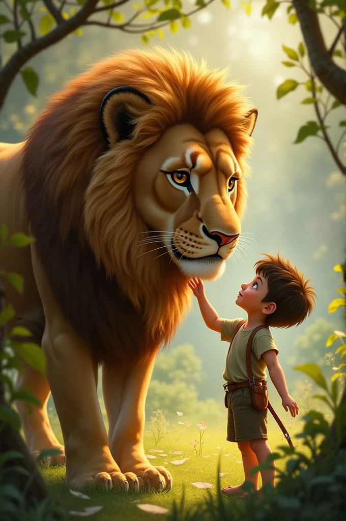 A boy playing with a lion