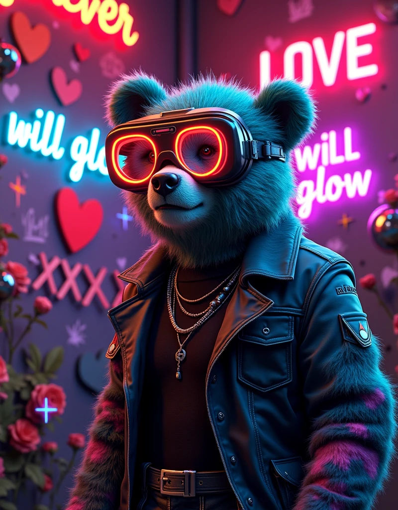black top fashion large neon glow glasses punk syle bear:: background neon words: ( forever love glowing letters will glow) :red hearts and XXX, neon graffiti background with hearts and lights sparkle hearts on the foots and red roses everywhere, scene is like clip of song swallowed, VR mask on the head, red leather and green cloth fur highly detailed covered mirror cubes like disco ball, dark neon graffiti mode, blue fur bear sitting in meditation, on the background neon and metallic foil wall:: photo of 1 toy bear full body with fashion letters on it ROCKERS LOVE words ):: BEAR LOVE::, black mirror purple VR mask blue neon glow snowboard glasses and pink fur fur glow and golden green panama ibiza style fashion, mouth is closing ,hug ( neon glow my LOVE neon glow word :: ) with two red heart circle eyes in a style in mood and happy smiling with teeth smile wearing a
