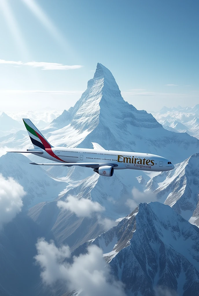 A Emirates Aeroplane in front of the mountain that fully covered with the snow