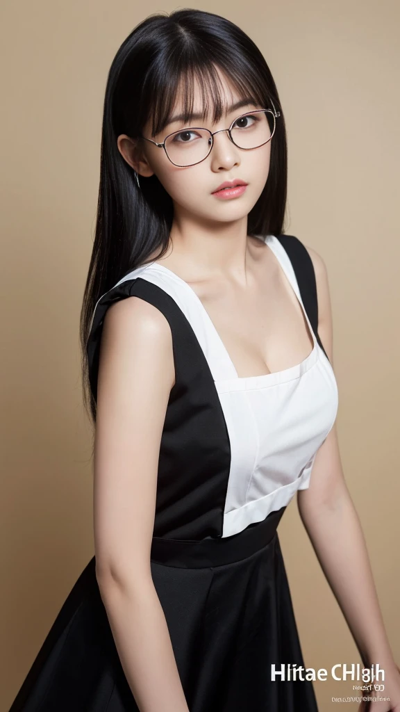 (Highest quality:1.5), (Real:1.4), (Ultra high definition:1.4), (No correction:1.4), (skinny Japanese woman with average size breasts standing front plain background in studio), (A woman wearing black-rimmed glasses), (Very small eyes), (breasts of average size), (Average height), (Cover your forehead with bangs), (Long black hair), (Dark personality expression), (Black maid outfit), (black hair woman is standing with black maid outfit front plain background in studio), (woman viewed from the front), (Plain background), (Cowboy Shot), (Cold expression), (upright), (A woman with long black hair and glasses), (Bangs that cover the forehead), (Sharp and tiny eyes)