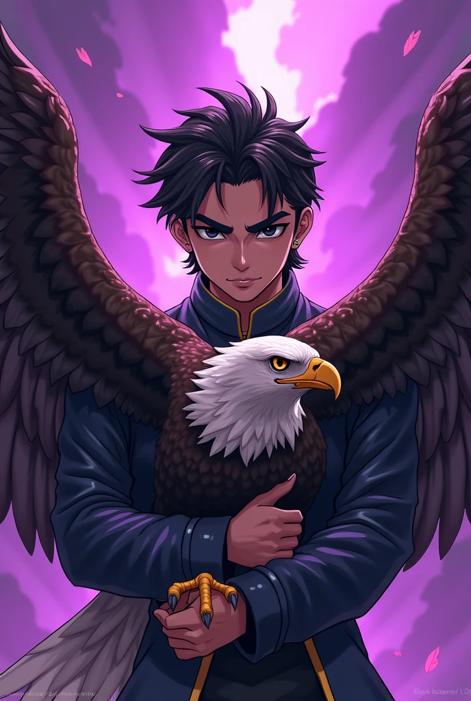 Digital manhwa 2d of (heeseung) with a Flat face and thick eyebrows, holding an eagle with an epic purple background