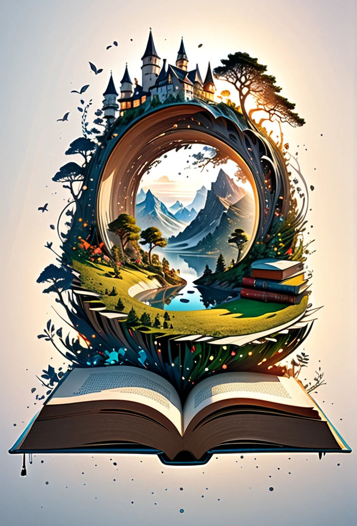 Hyperreal digital art style, "Fairytale", fantasy world coming out of centered book, open book, hyperdetailed double exposure fantasy illustration, masterpiece, cinematic, by Andreas Lie, Luke Gram, photorealism, backlit, gorgeous light