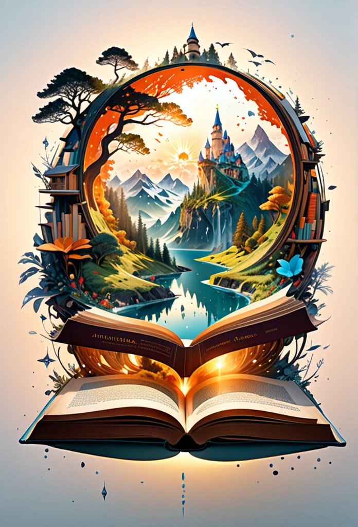 Hyperreal digital art style, "Fairytale", fantasy world coming out of centered book, open book, hyperdetailed double exposure fantasy illustration, masterpiece, cinematic, by Andreas Lie, Luke Gram, photorealism, backlit, gorgeous light