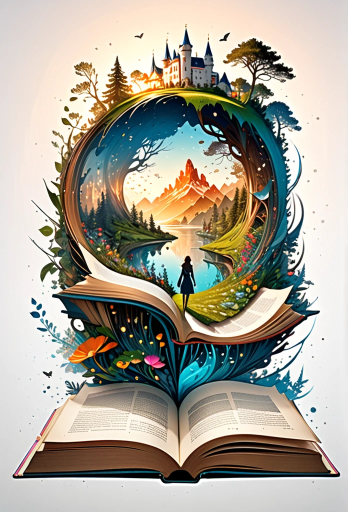 Hyperreal digital art style, "Fairytale", fantasy world coming out of centered book, open book, hyperdetailed double exposure fantasy illustration, masterpiece, cinematic, by Andreas Lie, Luke Gram, photorealism, backlit, gorgeous light