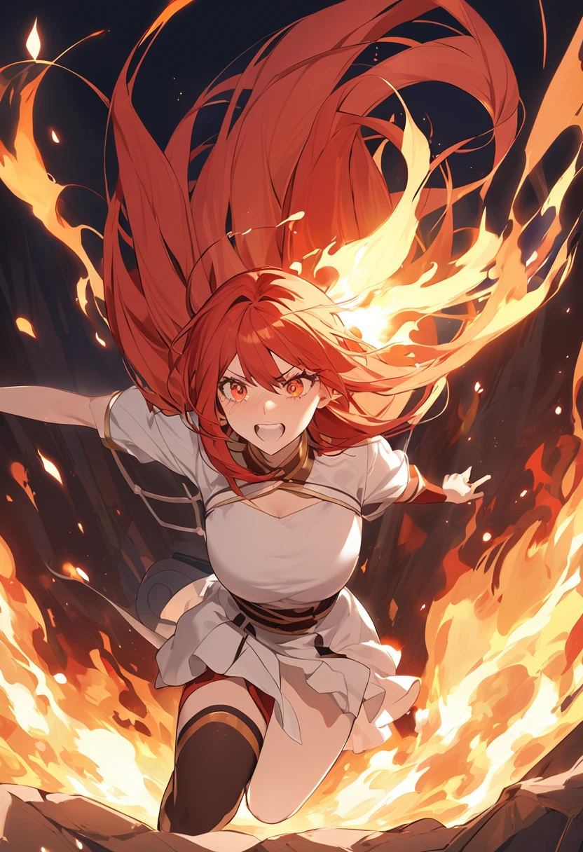 A clumsy woman with red and gold hair and silver and red eyes and she has fire powers but they can't control them.