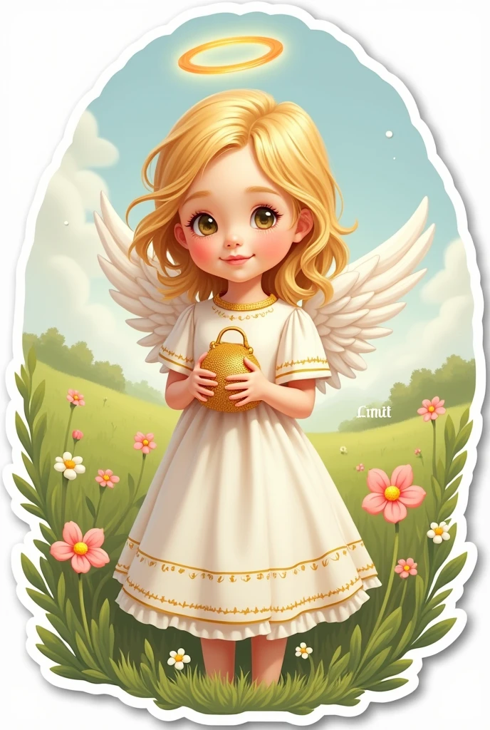 Drawn angel, girl child- sticker, holds a small golden bag, halo overhead, blonde hair, grass, flowers , summer, holiday. word "limit" it is written in beautiful font at the bottom of the sticker, in Cyrillic