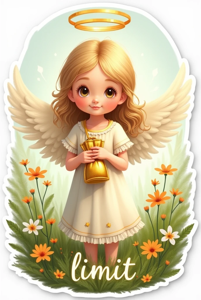 Drawn angel, girl child- sticker, holds a small golden bag, halo overhead, blonde hair, grass, flowers , summer, holiday. word "limit" it is written in beautiful font at the bottom of the sticker, in Cyrillic