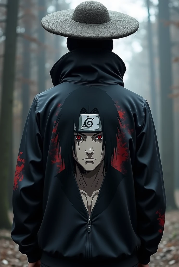 Itachi Uchiha printed on back side of hoodie with akatsuki hat