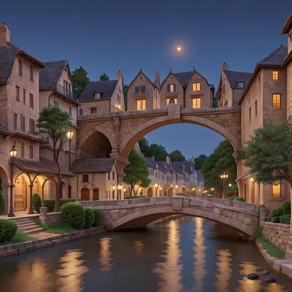 street and river stone bridge at midnight between alley of old French style houses, with counter-point angle