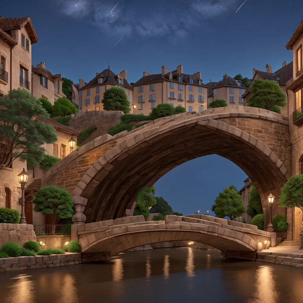 street and river stone bridge at midnight between alley of old French style houses, with counter-point angle
