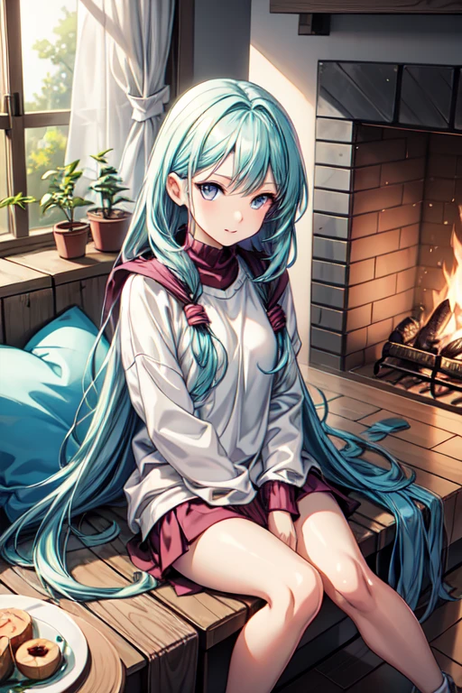 Anime girl with long blue hair and colorful eyes sitting next to a window, Shy girl, Girl with blue hair, 1K anime style, anime art wallpaper 2k, anime art wallpaper 2k, anime art wallpaper 2k, beautiful animated portrait, beautiful anime girl, 2k anime wallpaper, anime girl portrait, beautiful anime woman, cozy fireplace with cozy clothing, wooden floors