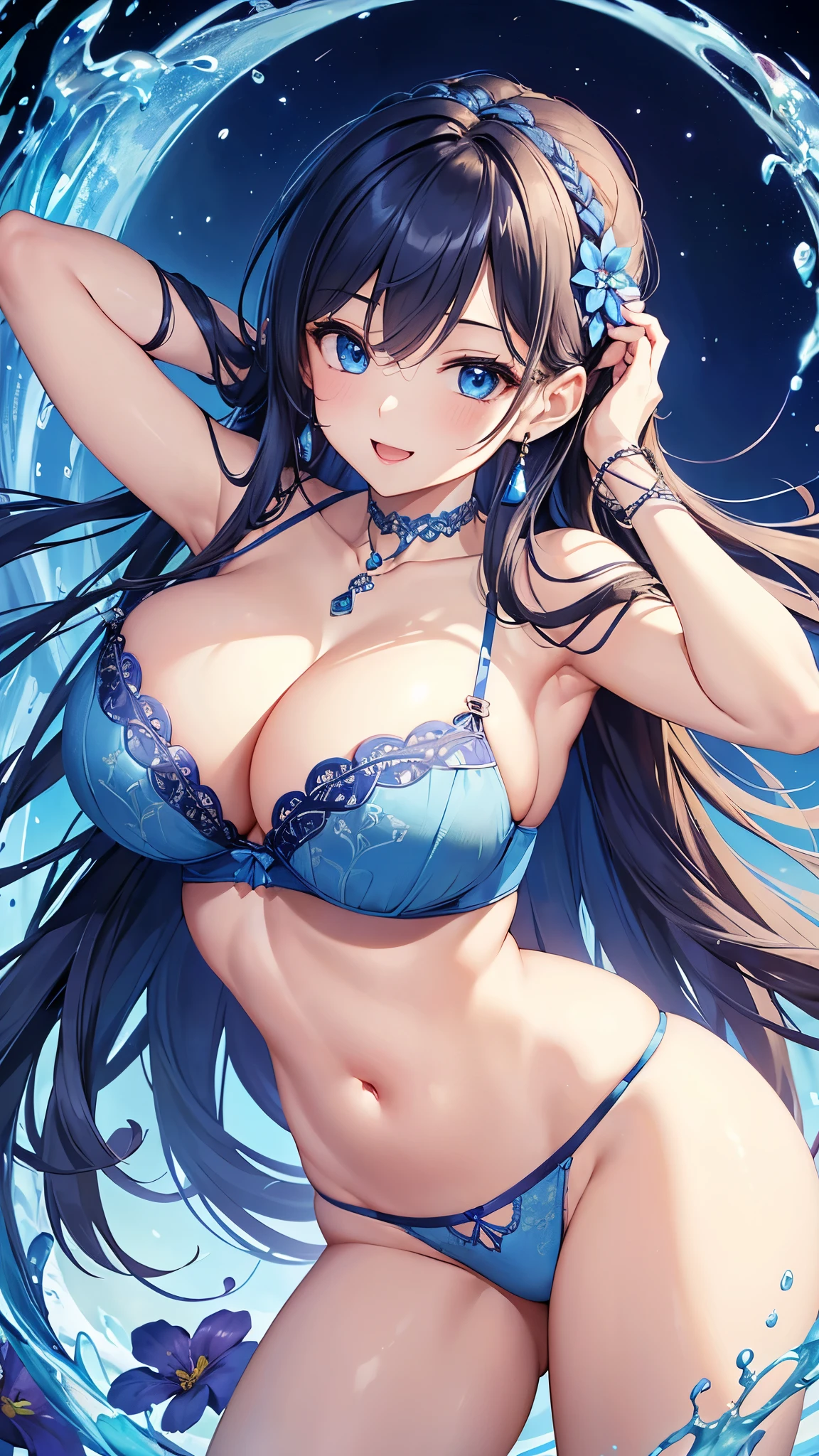 Highest quality、Highest quality、masterpiece、(8k resolution),beauty(Age 25)、(Mature Appearance)、Long Hair(Braiding of the sides)、blue eyes、(Underwear with intricate embroidery、bra)、Big cleavage、((Super big breasts))、smile、blue necklace、Blue Earrings、background(flower)、Please open your mouth wide、Dynamic pose、Blue choker、