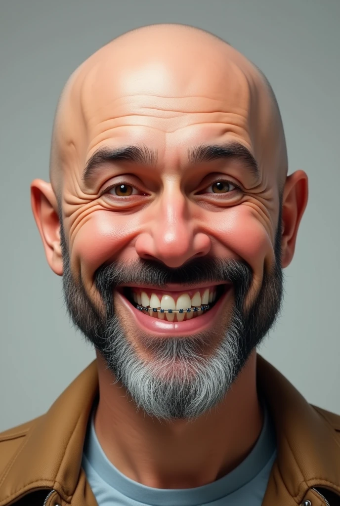 Fat Create a command prompt for a realistic bald man with short beard wearing braces fat smiling
