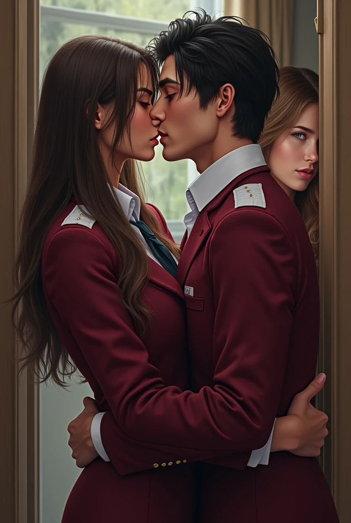(photo realist)
Woman with long black hair with blonde tips, the woman's skin color is brown, She has dark brown eyes, and is kissing a black haired man, the man's height is the same as the woman's. Both people are wearing a burgundy school uniform with white straps on the shoulders..As the two kiss, there is a woman watching the two hidden behind the door, This woman has light brown hair and dresses like a prostitute, she has a surprised expression