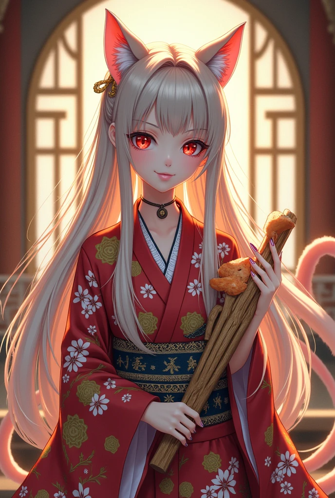 ((anime)), ((perfect quality)), ((masterpiece)), ((good anatomy)), androgynous, half-human, bakaneko, no chest, slim body, japanese, long multicolored, fox beauty, cat ears, 5 cat tails, detailed, cunning smile, colorful, long kimono, slight makeup, royalty, fan