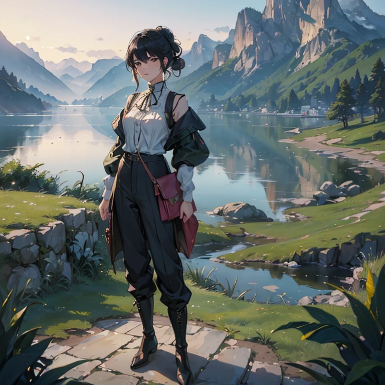 (Highest品質、High resolution、masterpiece)、(Anime Art 4k)、(Realistic)、(Outdoor Girl)、Portraiture、 (whole body)、(1 person)、20-year-old woman、( Woman Standing On A Hill)、Beautiful Face、 (Facial details)、Black Hair、 short hair、 Beautiful Hair、Shiny Hair、(Put your hair up、Combing your hair)、Skin Texture、Slim figure、Small breasts、(blouse)、(Highest)、Jacket、(Knee-length trousers)、Riding pants、boots、Wear a shoulder bag、Cinema Lighting、Ray Tracing、Soft Light、Landscape painted on a foggy morning、Outdoor、Nice views、pastoral landscapes、Lake and mountains in the distant background々、(Sargent-style watercolor)、(Edmund Leighton Style)、