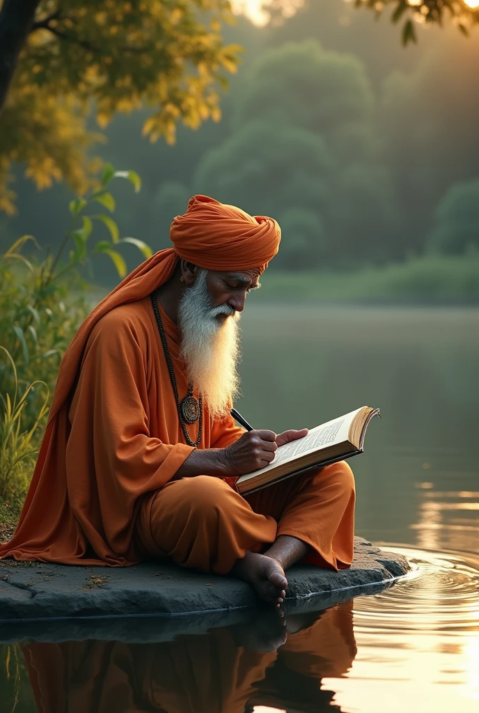 Old age one a sikh people writing religious book
set on the pond.
hd print