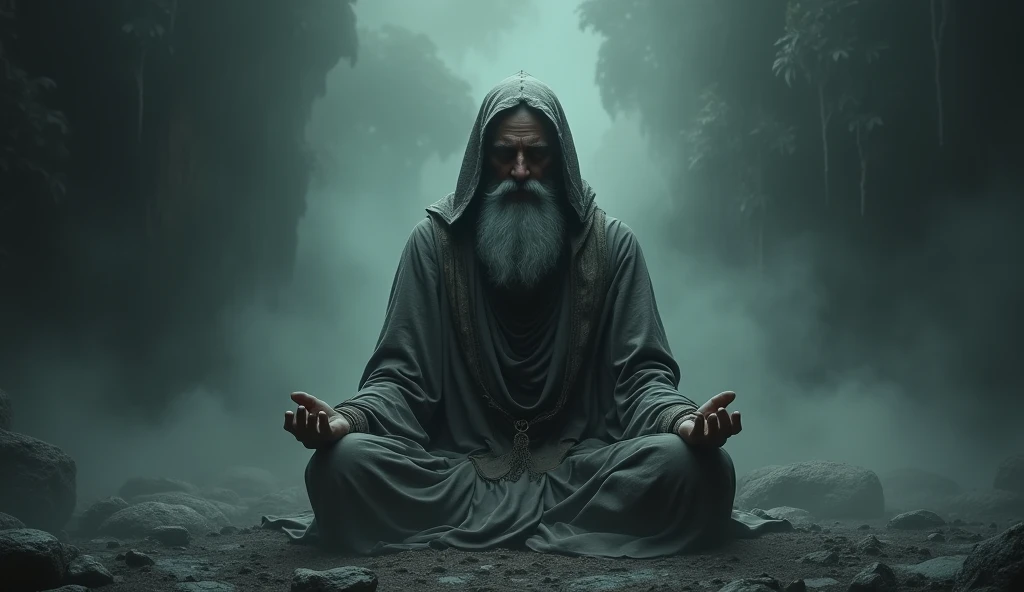 "The 'Rakshas Sadhu' sitting cross-legged, surrounded by a faint dark aura, with his eyes closed in intense meditation."