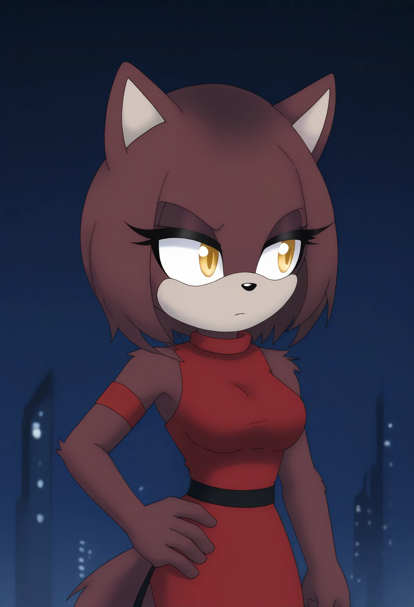 Female red wolf, (great detail), 1girl, solo, dark burgundy fur, medium hair, hair over shoulders, white highlights in hair, fringe-trim styled bangs, amber colored eyes, (high slit dress), dusk/night, cloud, dim city lights, (1girl), (solo), outdoors, tree, (tired expression), hand on hip, arm at side, looking to the side, medium breasts, upper body, fringe_trim, standing, eyelashes, mobian, Mobius city