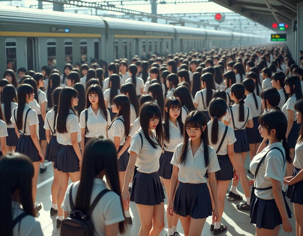 (((((Japanese Clone-girls=Myself))))), (((Super Best masterpiece Clone-girls Raw Photography Art))), (((16K, Highest quality, Ultra-high resolution, RAW Photos))), (((It's so unrealistic., With unparalleled depiction, With an unfathomable sight, An unprecedented and shocking worldview, Clone-girls: In a world of mass reproduction, Ultra-realistic))), (((Japanese Girls, Yokoyama-Yui, 18yo, Small face, Thick black hair, long hair, Dark Eyes, Mature face, Cute Smile, Smiling face, A gentle gaze, (((Very pleasant look)))))), (((Very beautiful detailed girls, Accurate body structure, Accurate body movements, Very detailed body, (((Super big breasts, Large bulge of ample breasts)))))), (((High school girl's summer uniform, Short sleeve, mini skirt, hour々I can see your pants, Cleavage Emphasis, Emphasise the fullness of your breasts))), ((((((((Very detailed, Myself cloning, Depiction of splitting oneself, 1Myself girl→1,000,000,000,000,000,000,000,000,000,000Myself cloning girls)))))))), (((((((Myself clone-girlsから, Myself keeps multiplying, (Very detailed and intricate, To the exact, Flawless, (((In the same female body,With the same face, With the same hairstyle, In the same clothes, At the same height, 同じSuper big breastsである))), In a detailed depiction), 1,000,000,000,000,000,000,000,000,000,000 people))))))), (((((Myself girls only))))), (((((1,000,000,000,000,000,000,000,000,000,000Myself girls))))), (Very detailed, On the platform of a certain station in Japan, A crowd of Myselfs waiting for a train, Depicting yourself moving and standing, View from the train side), Where the wind blows, A super crowded scene, (Very detailed depiction, Clear and accurate perspective depiction, Ultra-wide field of view, wide view, Focus on the average value of the image)