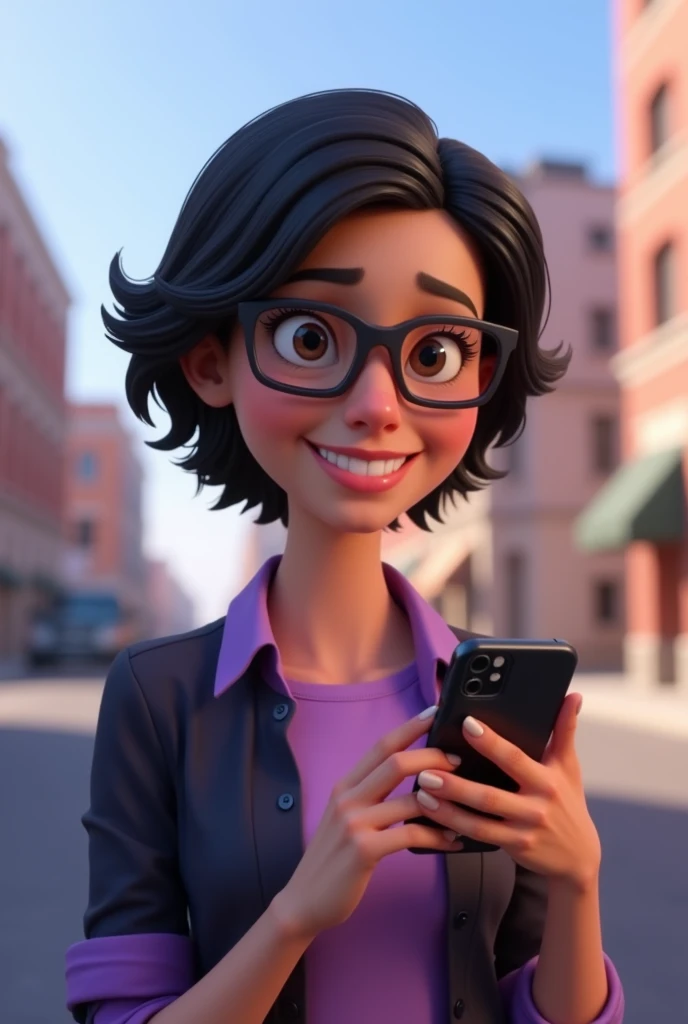 3D animated woman with short black hair in the Pixar style, wearing a purple and black shirt , smiling and wearing glasses holding a cell phone, with a city background