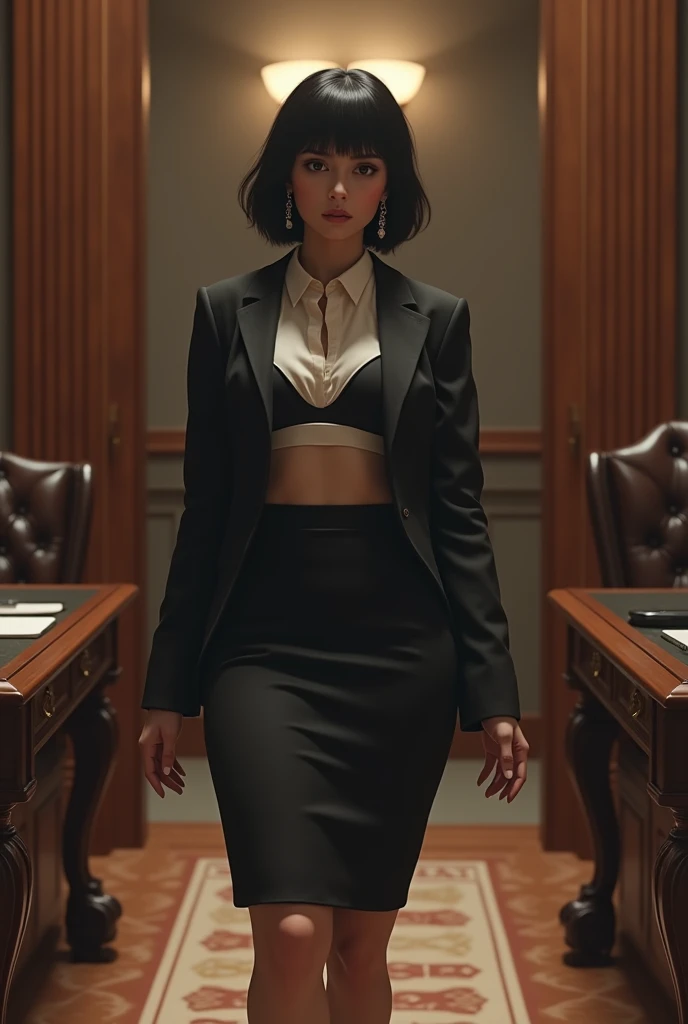 (solo:1.5), (solo focus:1.5), 1 trans man, (prisoner restrained:1.3), transgender, very detailed face, lip details, detailed eye, double eyelid (black bob hair、Walk slowly down the aisle with a fearful on your face), (open mouth:1.3), heart-shaped pupils, (tearful:1.2, flustered:1.2, surprised:1.2), (secretary:1.4, business suit:1.2), black bra, Jacket, Knee-length skirt, Black pumps, White blouse, White panties, gorgeous and luxurious office, (carved wood office desk:1.1), (luxurious chair:1.1), (flat chest:1.4), (giant earrings:1.3), perfect anatomy, thighs, Exactly, perfect image realism, With background , cowboy shot, Detailed background, detailed costume, perfect lighting、hyper realism、(Photoreal:1.4)、8K maximum resolution, (masterpiece), very detailed, Professional, butt facing camera, waist shot, Rear view, ((satin pencil skirt)), heart-shaped pupils,