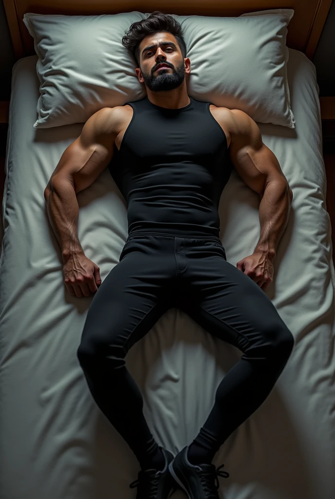 Top view of full body image of Handsome hot very muscular light bearded muslim pathan gym hunk stud wearing tight black compression gym suit and tight black shirt and black jeans and black sports shoes with black socks is lying on bed