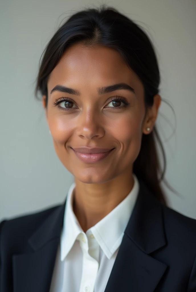 A woman light chocolate skin suit and where white shirt show as passport photo