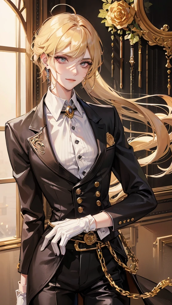 1 boy, anime, high quality, intricate details, futuristic, androgynous, casino setting, elegant, suit, messy hair, blonde hair, neon streaks in hair, black button-up, some buttons undone, sleeves rolled up, waistbelt, muscular, smirk, medium-length hair, multicolored eyes, gloves, aesthetic, effeminate face, forearms, piercings, golden rose brooch, smirking, eyeshadow, blonde eyelashes, messy bangs